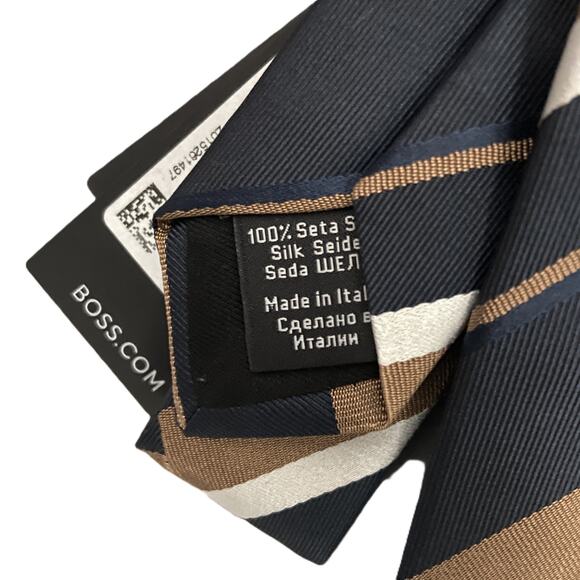 Boss Men's 100% Silk 3" Tie Black Brown White Stripe Made in Italy NEW - Picture 3 of 4